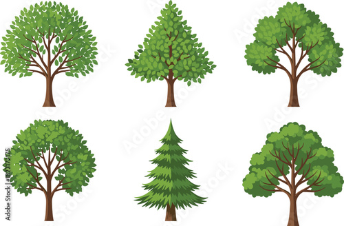Collection of diverse green tree illustrations, natural forest elements, botanical foliage design, eco friendly landscape graphics for nature themed projects, vector art