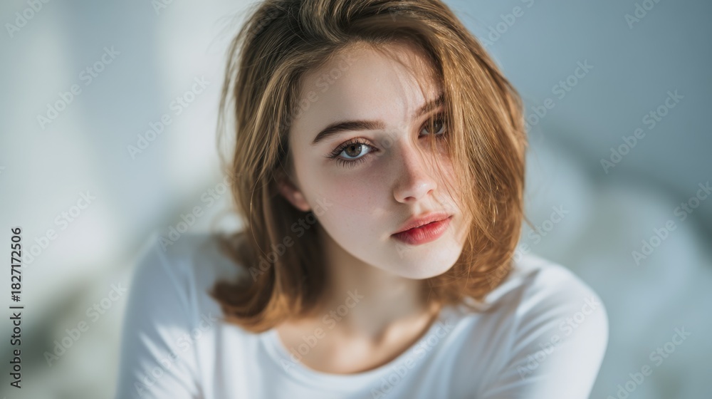 Naklejka premium Serene beauty portrait of a young girl in soft light setting indoors