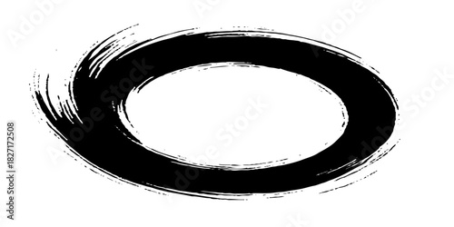 Two bold black ink circles painted with dynamic brush strokes, minimalist Japanese sumi-e style, clean background.