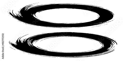 Two bold black ink circles painted with dynamic brush strokes, minimalist Japanese sumi-e style, clean background.