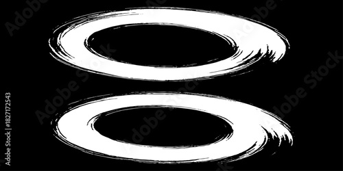 Two bold black ink circles painted with dynamic brush strokes, minimalist Japanese sumi-e style, clean background.