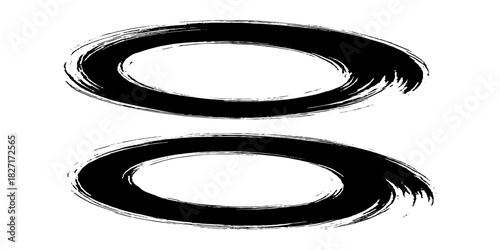 Two bold black ink circles painted with dynamic brush strokes, minimalist Japanese sumi-e style, clean background.