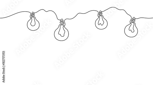 Minimalist continuous one-line drawing of hanging light bulbs. Simple linear design symbolizing creative ideas, inspiration, and innovation. 