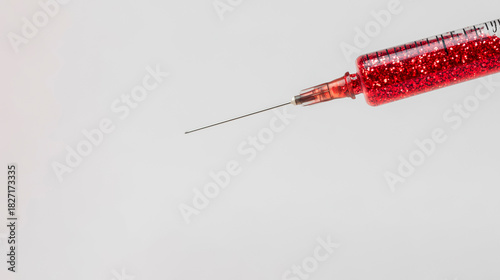 Syringe filled with bright red glitter liquid ready to inject, concept of love and health