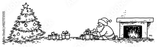 Hand drawn Santa placing gifts around Christmas tree beside fireplace – vector illustration