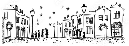 Hand drawn Victorian town street scene with Christmas wreaths lampposts carolers and falling snowflakes – vector illustration