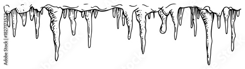 Hand-Drawn Icicles Border Dripping with Winter Frost – Black & White Vector Illustration
