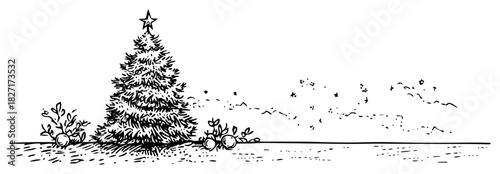 Hand-Drawn Christmas Tree Landscape with Snowy Ground and Decorations – Black & White Vector Illustration