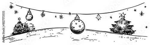 Hand-drawn Christmas banner with hanging bauble ornaments snowy hill and fir trees – vector illustration