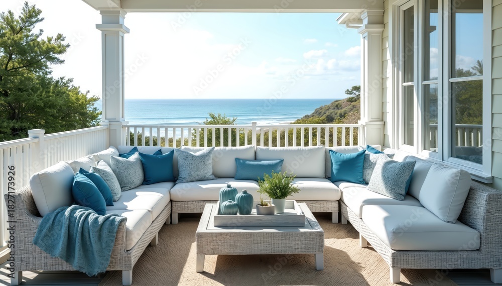 Obraz premium White sectional sofa with blue pillows sits on a coastal porch with ocean views. Relaxing outdoor living space invites calm and comfort. Modern home decor features bright, airy style.