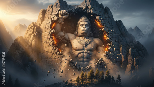 Hanuman Statue Breaking Out of Mountain, Dramatic Digital Art of Hindu Monkey God Emerging with Power