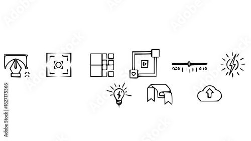 Icons for content workflow: pen tool, camera frame, layout grid, social post square, video timeline, idea spark, bookmark tag, upload icon