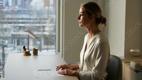 Woman carefully reviews documents at her desk near a window. Focused work, analysis, paperwork, and professional diligence in a modern setting