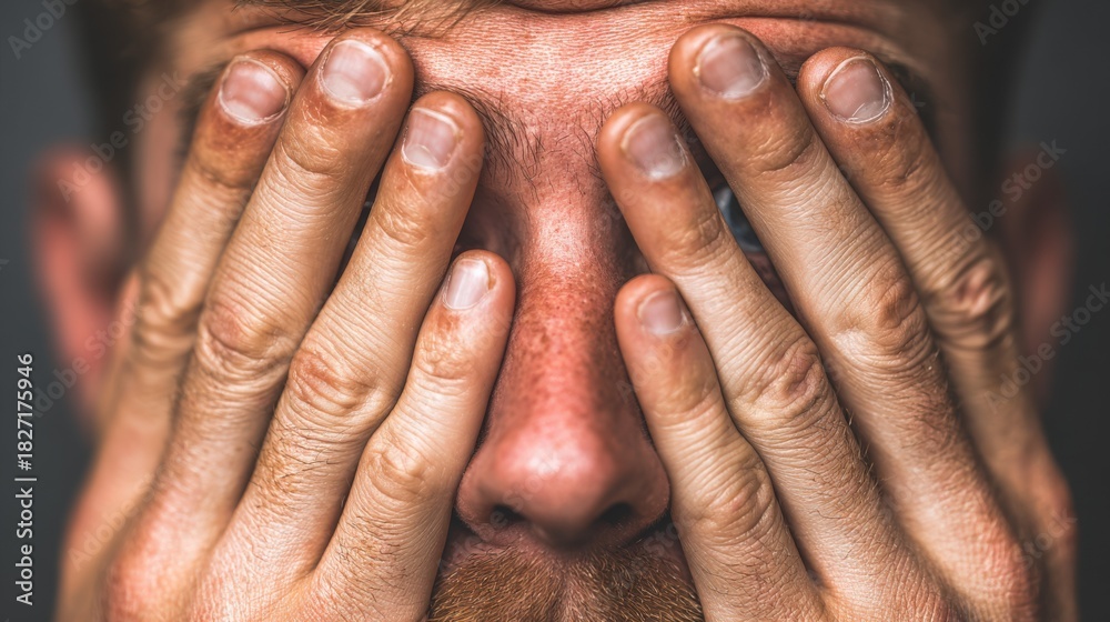 Fototapeta premium Man Covering Face with Hands Showing Emotion and Expression