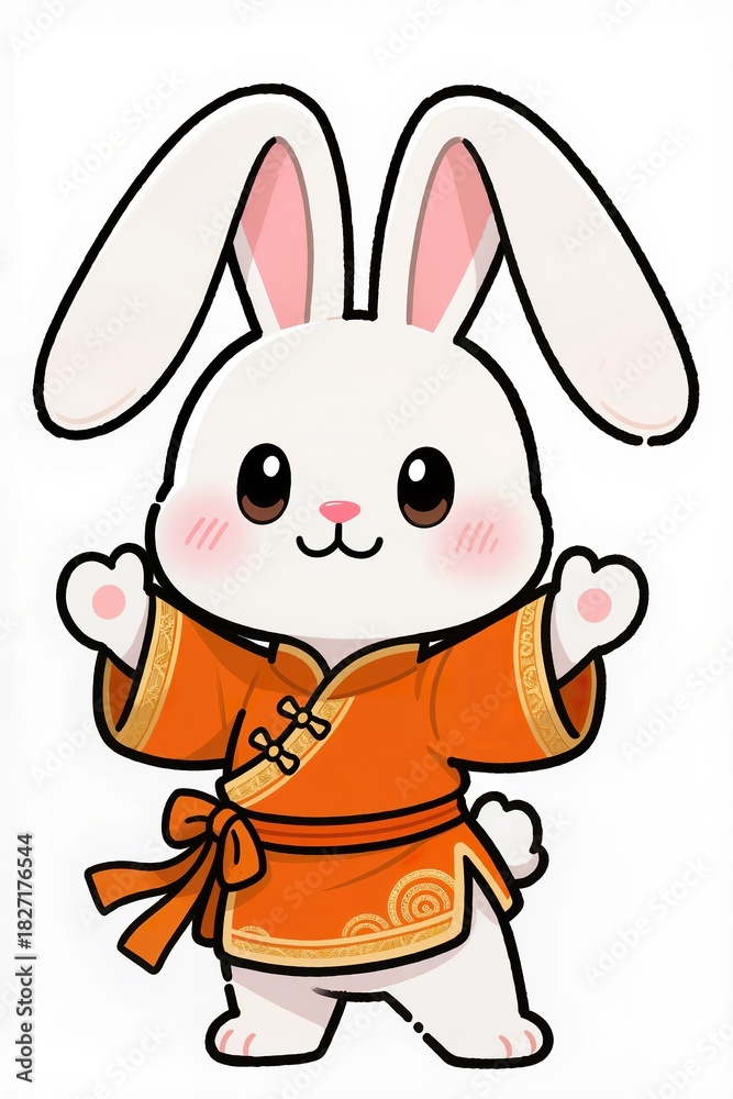 Obraz premium Charming chibi rabbit mascot with big floppy ears, round sparkling eyes, rosy cheeks, smooth brush outlines, wearing orange festive traditional clothing, cheerful playful stance, white background