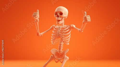 Skeleton with Thumbs Up Against Bright Orange Background