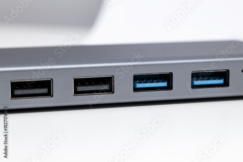 USB hub, docking station for USB 2.0, 3.0, USB ports close-up