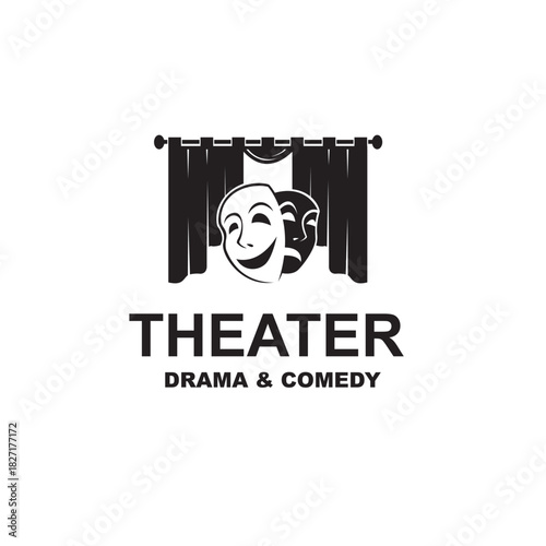 icon of comedy and tragedy theatrical masks with curtains isolated on white background