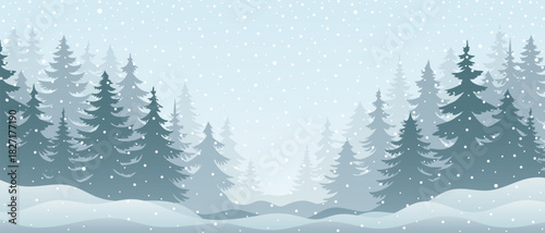 Winter minimalistic landscape, forest and snowfall, vector illustration