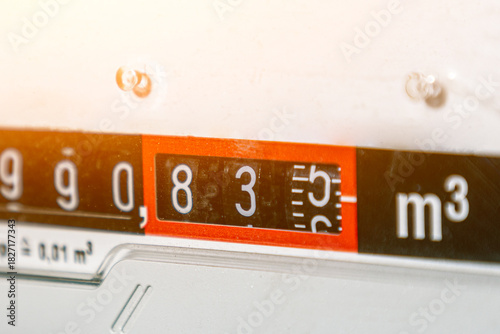 External natural gas meter in the house, gas heating.