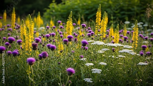 Fototapeta Naklejka Na Ścianę i Meble -  A vibrant summer meadow filled with tall yellow flowers, purple thistle, and white yarrow in soft focus