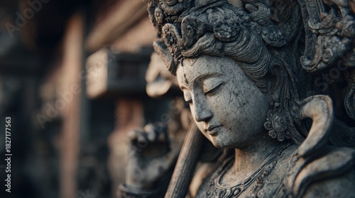 Stone sculpted deity image capturing ancient religious artistry, balinese culture