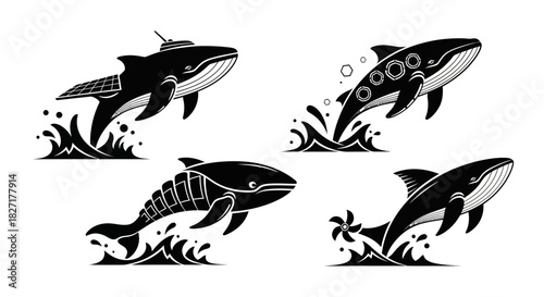 Dynamic whale illustrations showcasing innovation and exploration in stylized ocean waves, perfect for modern branding and design projects.