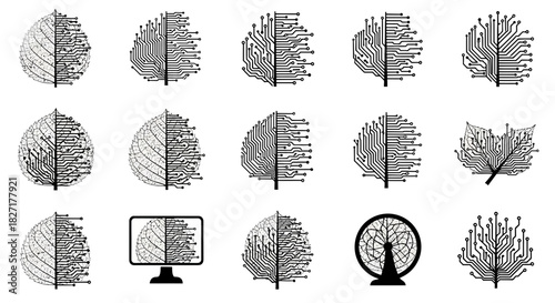 Digital leaf and tree icons blend nature's beauty with cutting edge technology for innovative branding and modern design projects