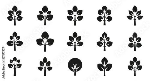 A collection of diverse, modern tree icons and symbols representing nature, growth, and organic design elements for branding and web use