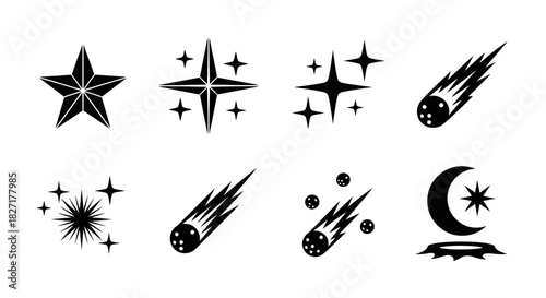 Stunning collection of cosmic celestial icons featuring stars, comets, and a crescent moon with a radiant star, perfect for space and astronomy themes.