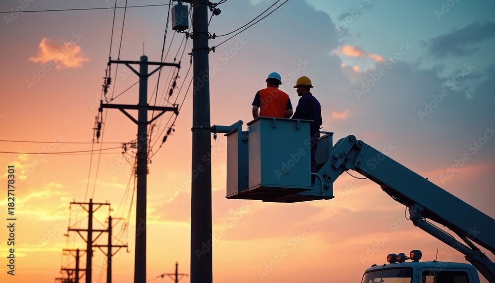 Naklejka premium Two electricians work on power lines from a boom truck at dusk. They wear hard hats and vests against a colorful sunset sky. Utility workers maintain electricity infrastructure high above.