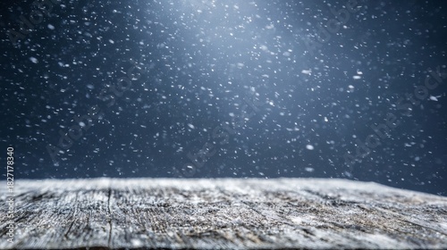 unanimity. Winter wooden surface with gentle snowfall, cold seasonal atmosphere. travel magazines, destination branding, designed for outdoor magazines and nature guides, inspires travel planning.