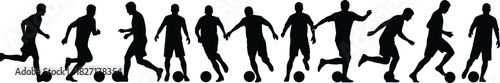 Soccer player silhouettes set, football man running with ball, sport action vector collection isolated on white background.
