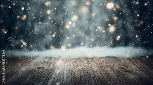 unanimity. Winter wooden surface with gentle snowfall, cold seasonal atmosphere. travel magazines, destination branding, designed for outdoor magazines and nature guides, inspires travel planning.