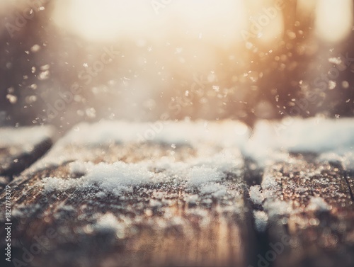 unanimity. Winter wooden surface with gentle snowfall, cold seasonal atmosphere. travel magazines, destination branding, designed for outdoor magazines and nature guides, inspires travel planning.