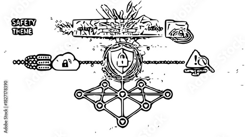 Cybersecurity & Safe Browsing-shield lock, password dots, firewall barrier, safe cloud, encrypted folder, suspicious activity alert, secure connection node.