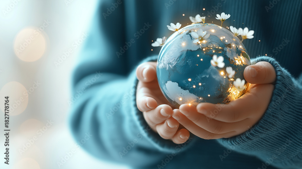 Fototapeta premium Child holding a glowing globe with flowers 