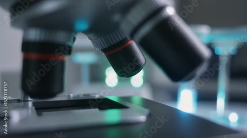 A slow dolly-in shot toward the eyepiece of a microscope, as lab equipment glows in the background