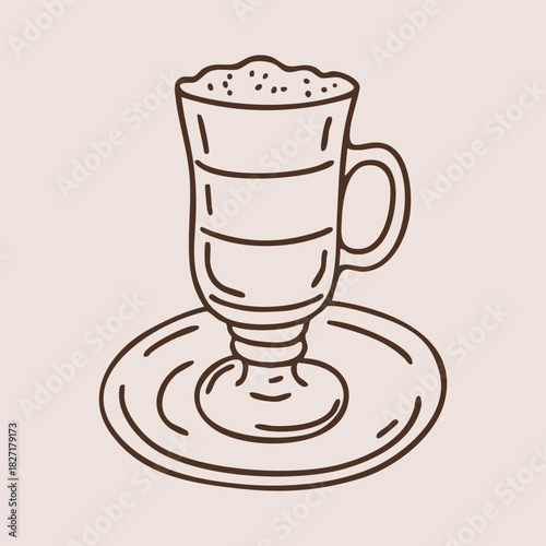 Tall coffee latte glass on saucer in outline style. Hand drawn vector isolated illustration.