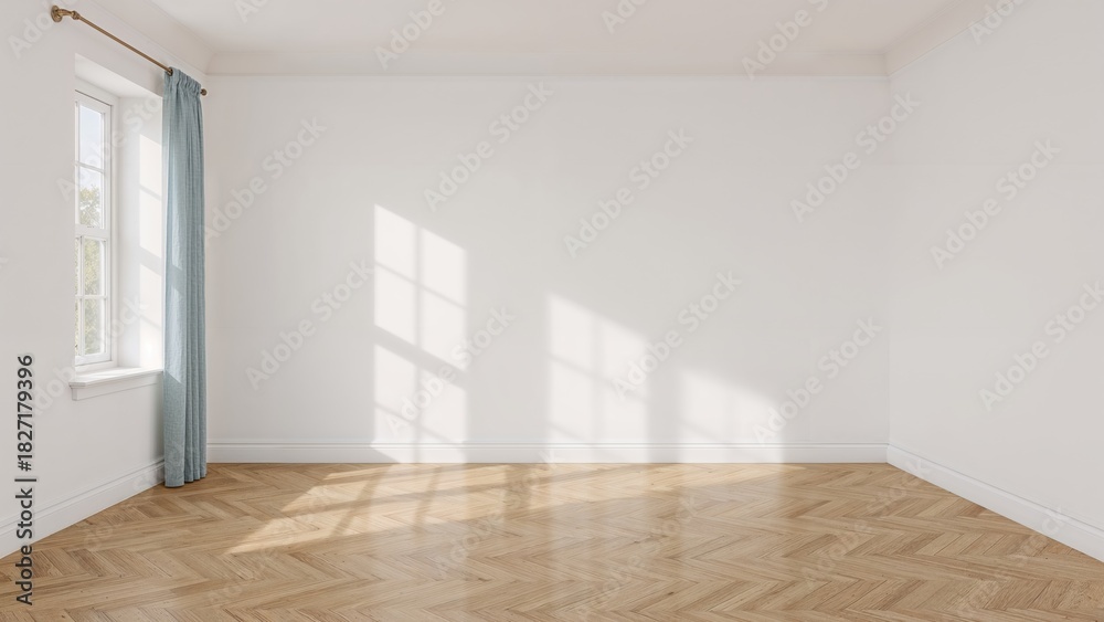 Fototapeta premium Empty room with windows casting light and shadow, minimalist interior.