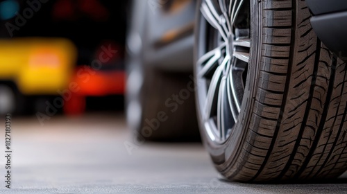 Black car tires displayed in artistic arrangement against dark background