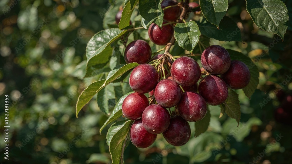 Obraz premium Cluster of red berries on a tree with green leaves. The year 1989.