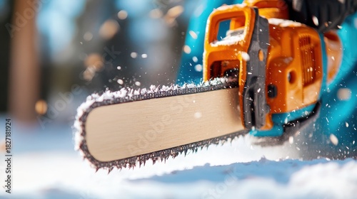 Chainsaw in action with flying sawdust during tree cutting in winter