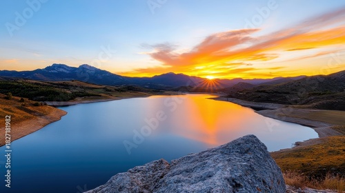 Tranquil evening at Riano reservoir, Leon, Spain with sunset views