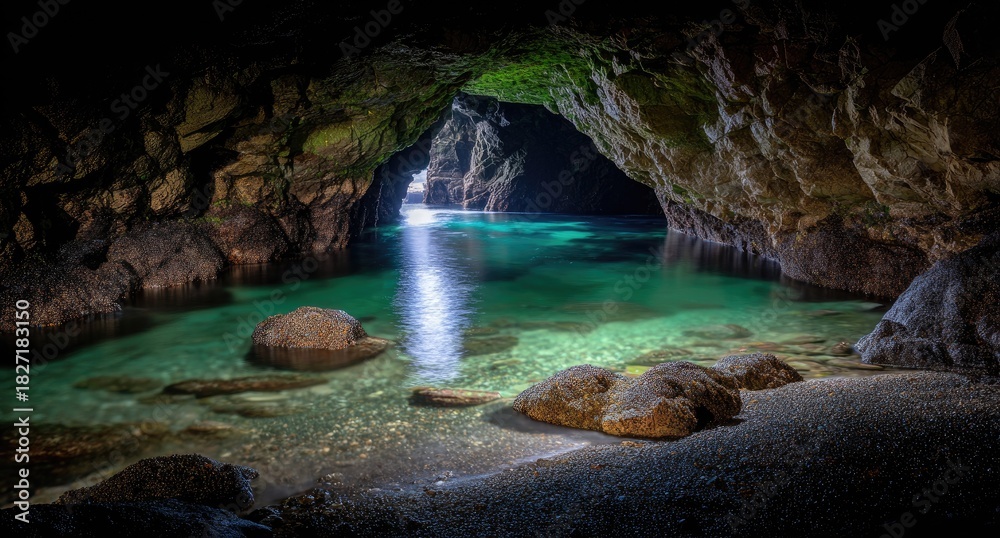 Naklejka premium Ocean cave opening, turquoise water, rocky shore