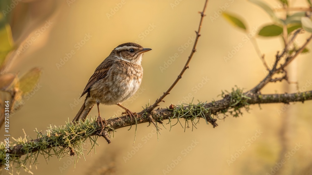Fototapeta premium A small bird perched on a moss-covered branch with blurred foliage background. Nature and wildlife, bird photography. The concept of avian life and natural habitats.
