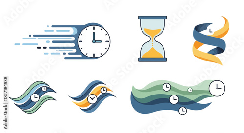 Dynamic collection of time icons including clocks hourglass and flowing abstract elements symbolizing speed progress and measurement for business and concept projects