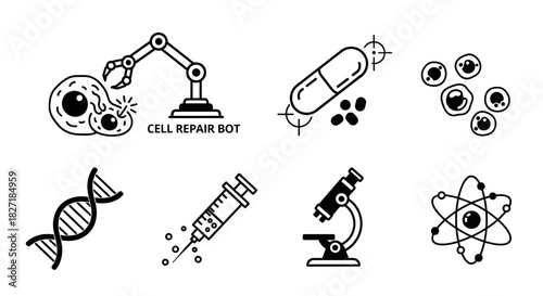 Innovative biotechnology icons showcasing cell repair, DNA, medical breakthroughs, and scientific research for modern medical and science applications.