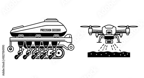 Modern farming technology combines precision seeder and agricultural drone for efficient crop planting and aerial application, revolutionizing agriculture.