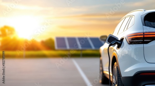 Sustainable energy with electric car charging under the sunset glow